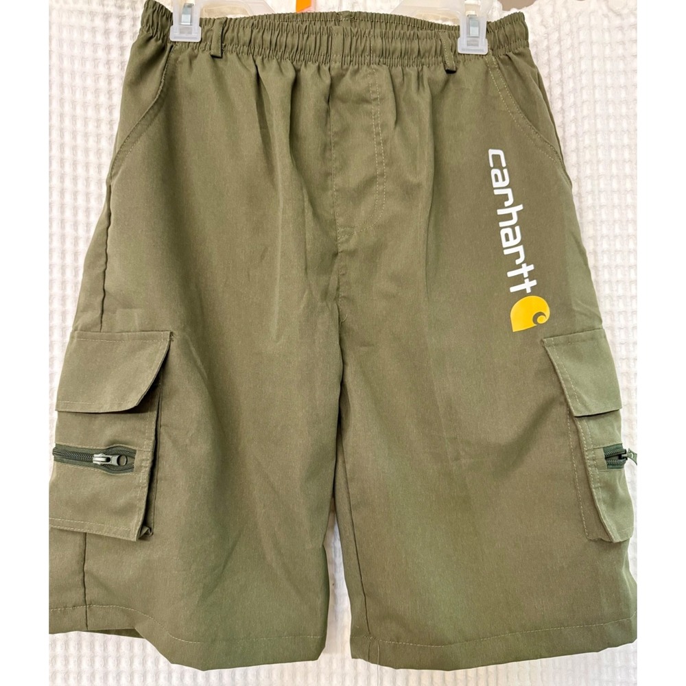 Carhartt Boys XL Cargo Green Athletic Shorts Zipper Pockets LOGO Outdoor School